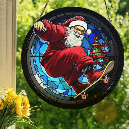 Skater Santa Claus: Stained Glass Style Window Hanging