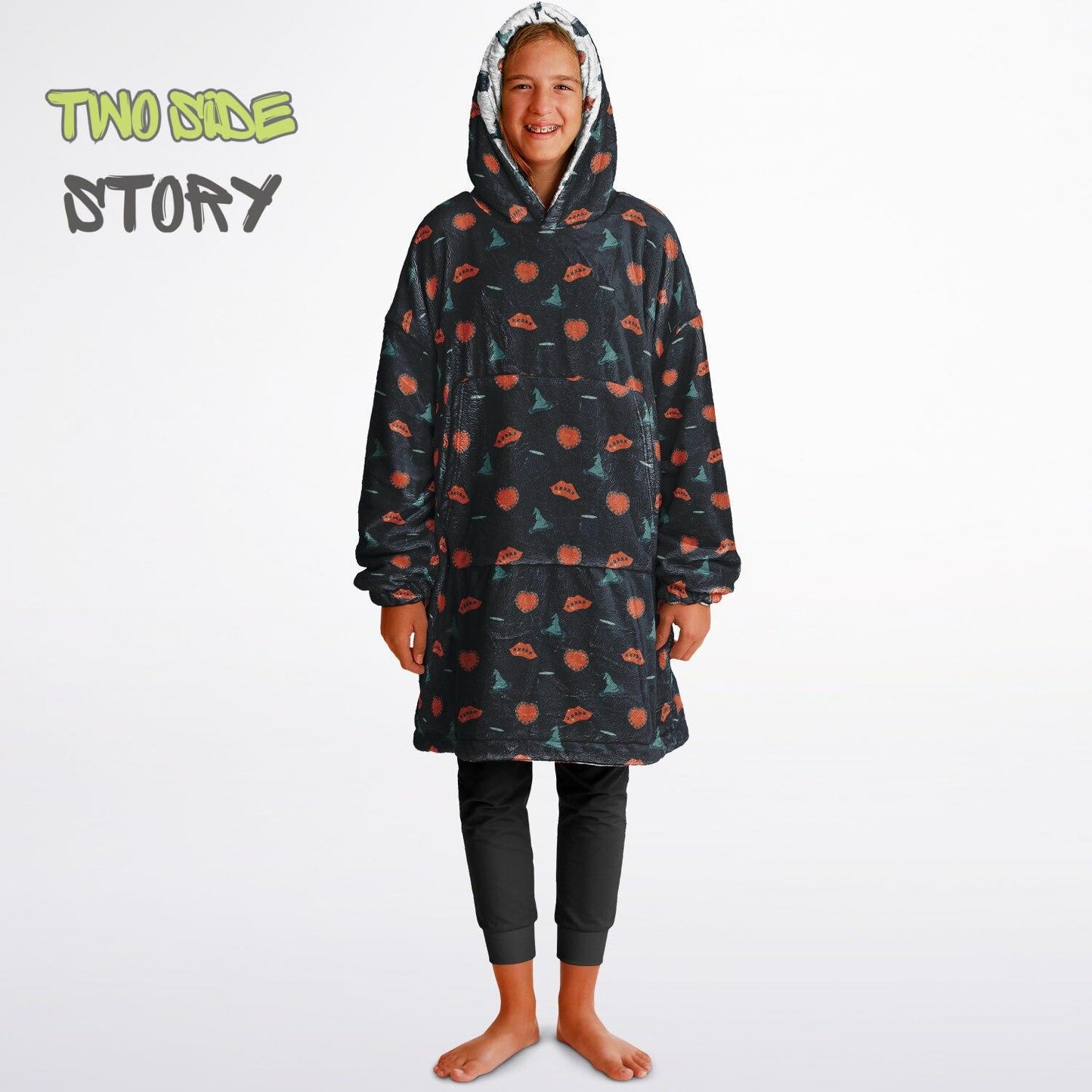 Halloween Print Reversible Kids Snug Hoodie,Oversized Double Sided Youth Hoodie Blanket,Warm Blanket with Sleeves,Halloween Gift,Unique Gift