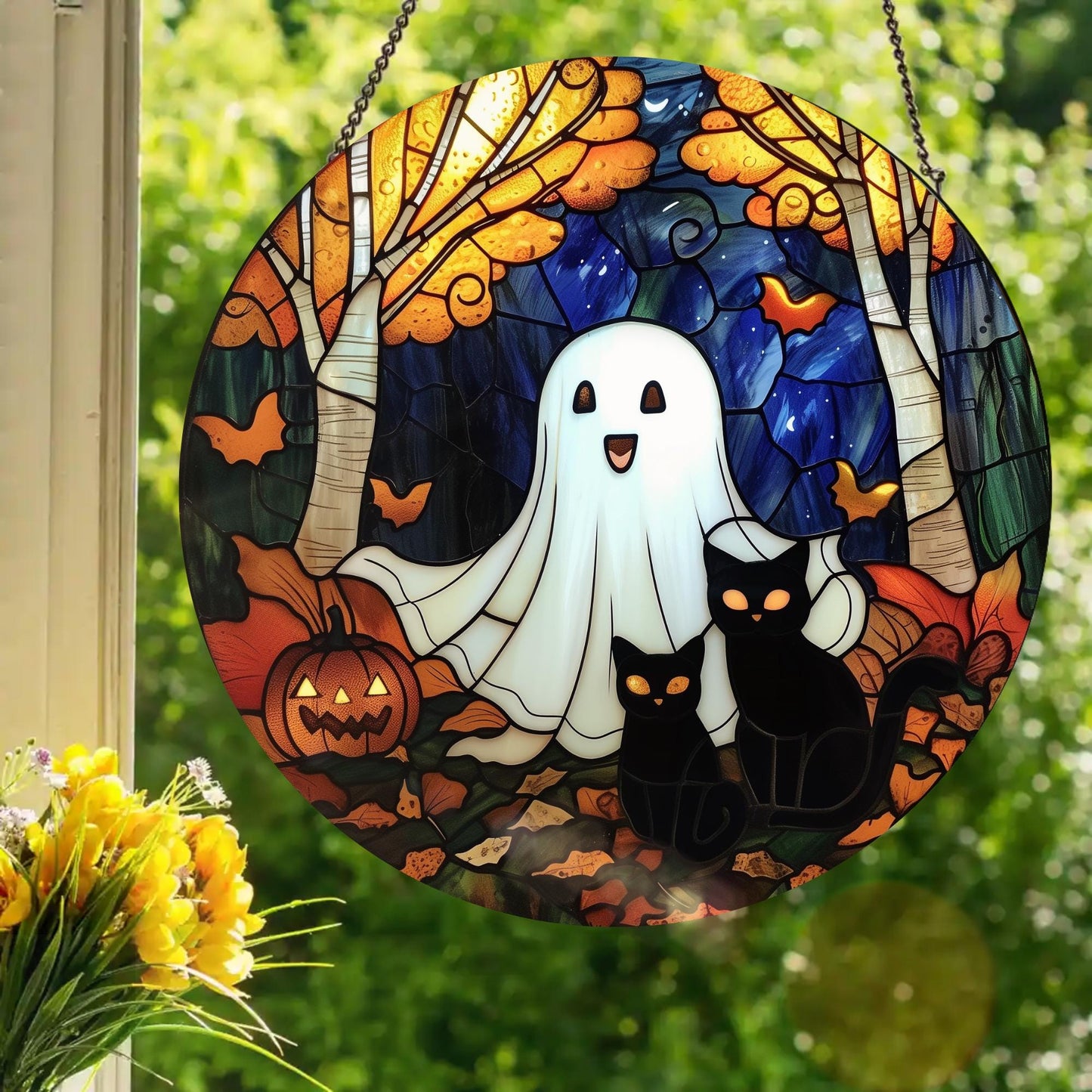 Happy Ghost: Stained Glass Style Window Hanging
