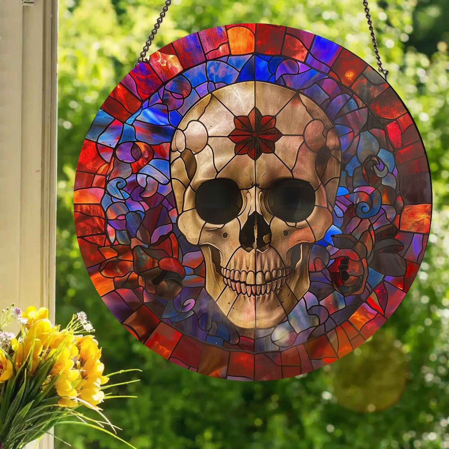 All-Seeing Skull: Stained Glass Style Window Hanging