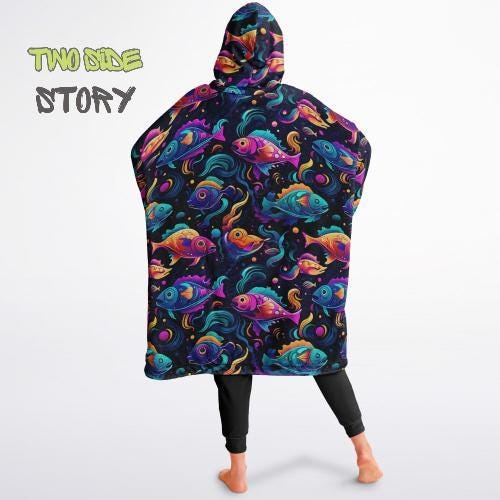 Unisex Reversible Snug Hoodie,Psychedelic Fish Trippy Print Blanket Hoodie,Festival Rave Party Wear,Oversized Hoodie Blanket,Unique Gifts