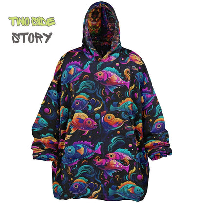 Unisex Reversible Snug Hoodie,Psychedelic Fish Trippy Print Blanket Hoodie,Festival Rave Party Wear,Oversized Hoodie Blanket,Unique Gifts