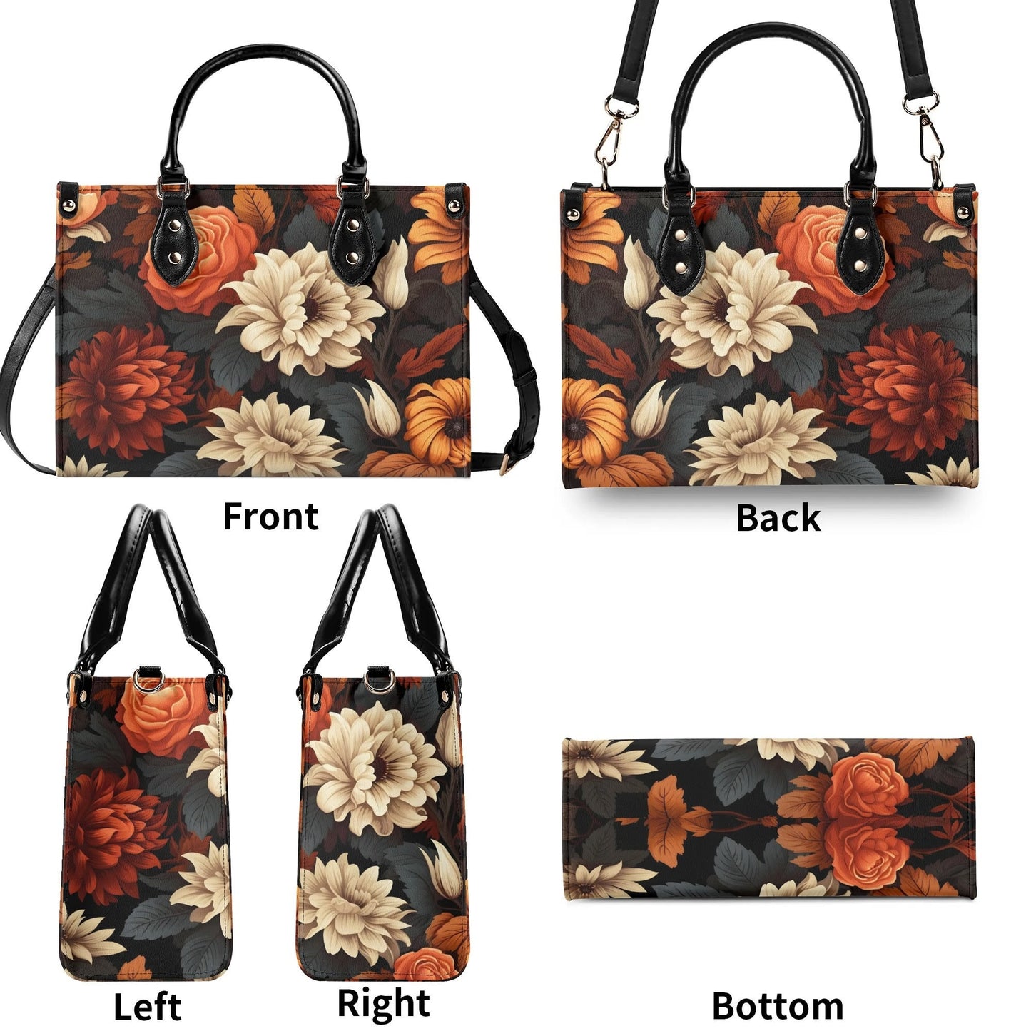 Harvest Bloom Tote Handbag. Autumn Handbag, Waterproof PU Leather Tote, Top Handle Vegan Leather, Crossbody, Shoulder bag.