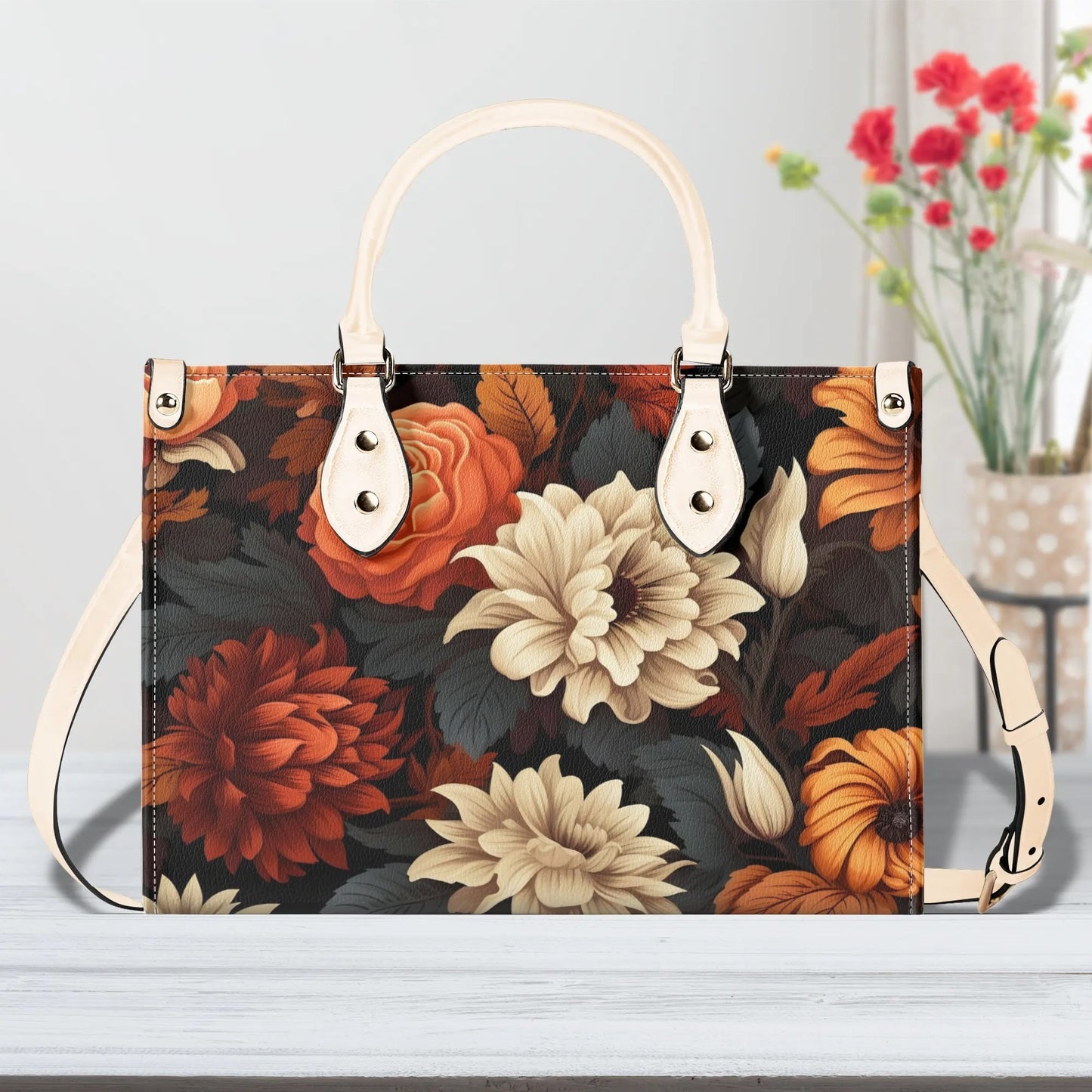 Harvest Bloom Tote Handbag. Autumn Handbag, Waterproof PU Leather Tote, Top Handle Vegan Leather, Crossbody, Shoulder bag.