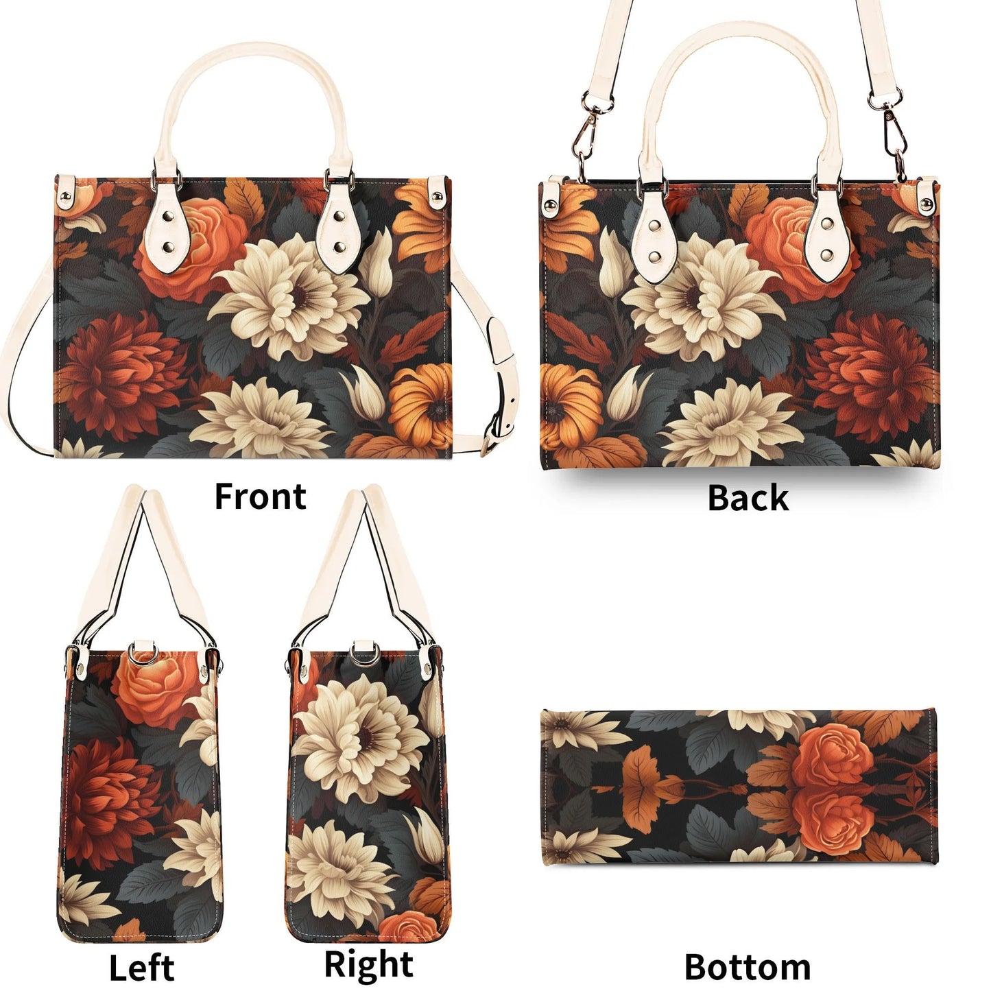 Harvest Bloom Tote Handbag. Autumn Handbag, Waterproof PU Leather Tote, Top Handle Vegan Leather, Crossbody, Shoulder bag.