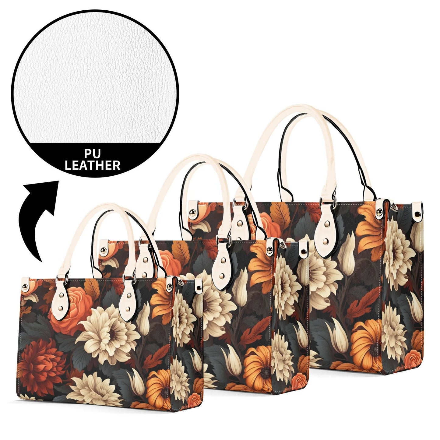 Harvest Bloom Tote Handbag. Autumn Handbag, Waterproof PU Leather Tote, Top Handle Vegan Leather, Crossbody, Shoulder bag.