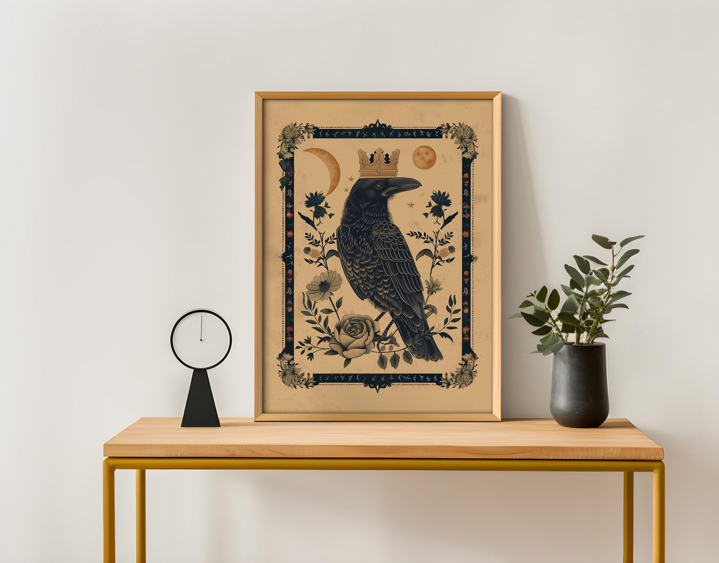 King Raven Norse Folk Art Poster Mystical Moon Illustration Flowery Crown Spiritual Print Botanical Rose Boho Wall Art Earth Tones Flowery