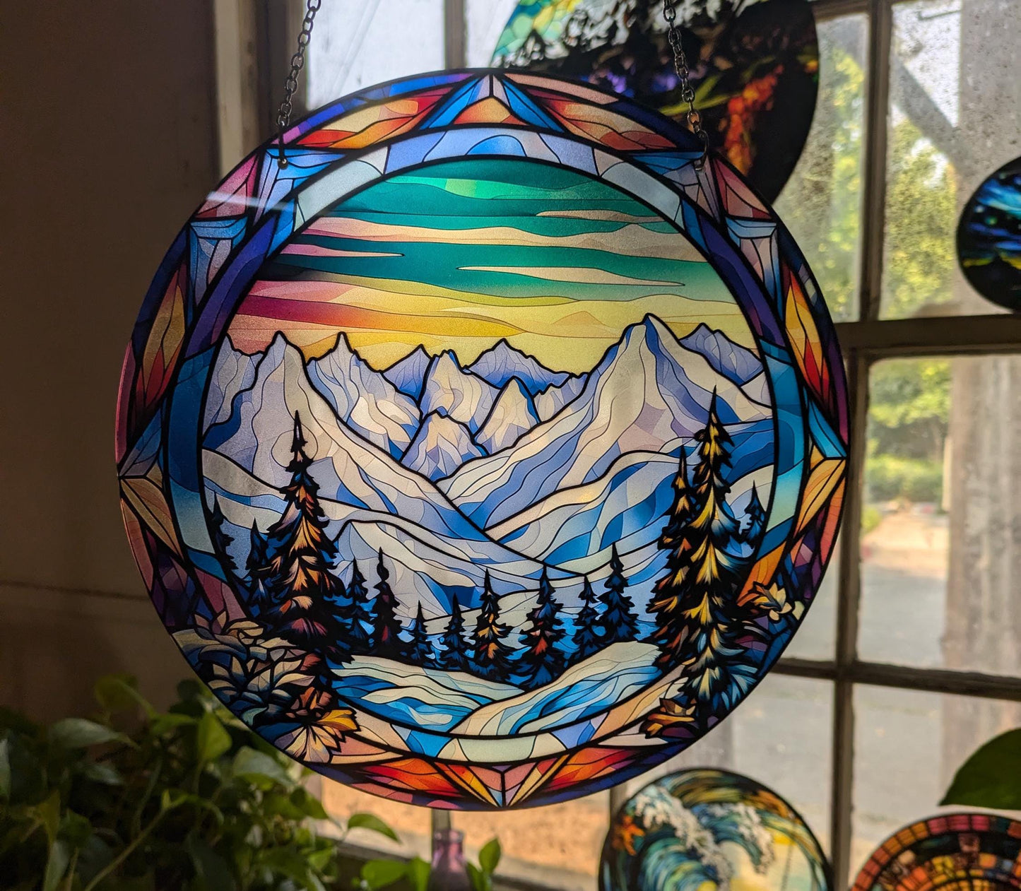 Snowy Alpine Mountain Range: Stained Glass Style Window Hanging