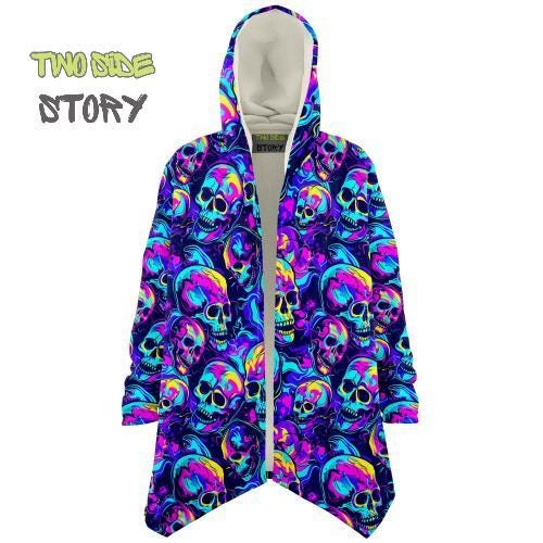 Unisex Micro-fleece Neon Skulls Print Hooded Cloak,Festival Rave Party Wear,Soft Halloween Cape,Vivid Colors EDM Festival Cape,Unique Gifts
