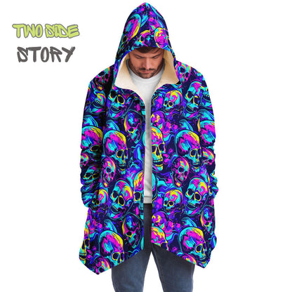 Unisex Micro-fleece Neon Skulls Print Hooded Cloak,Festival Rave Party Wear,Soft Halloween Cape,Vivid Colors EDM Festival Cape,Unique Gifts