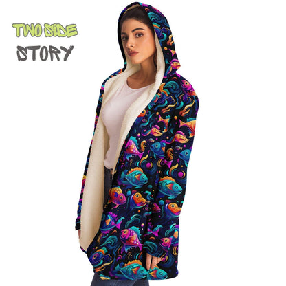 Unisex Micro-fleece Psychedelic Fish Hooded Cloak,Festival Rave Party Wear,Soft Halloween Cape,Vivid Colors EDM Festival Cape,Unique Gifts