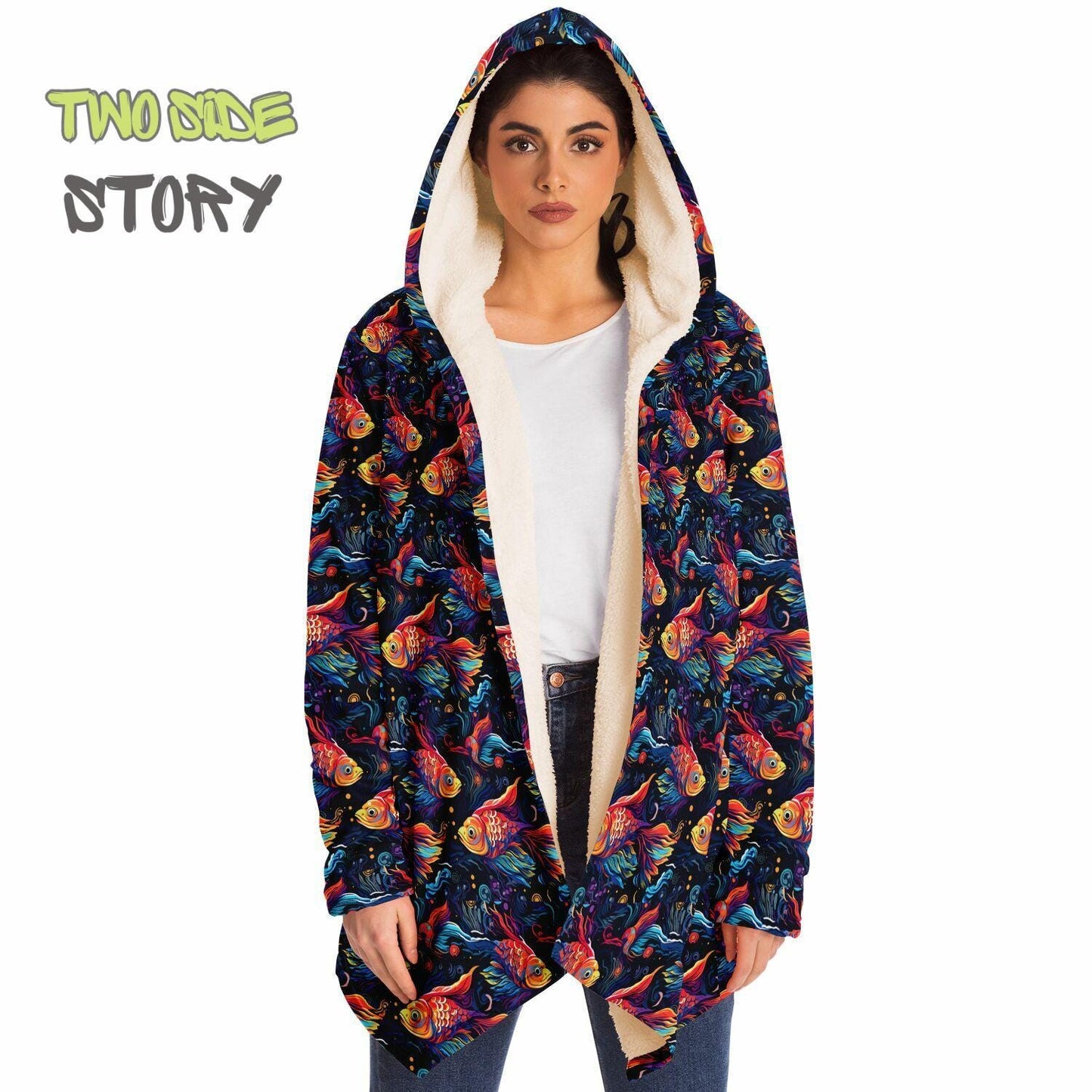 Unique Micro-fleece Psychedelic Fish Hooded Cloak,Festival Rave Party Wear,Soft Halloween Cape,Vivid Colors EDM Festival Cape,Unique Gifts