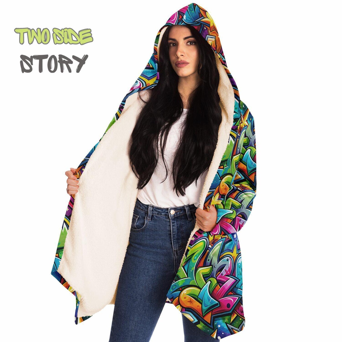 Unique Micro-fleece Graffiti Print Hooded Cloak,Festival Rave Party Wear,Soft Halloween Cape,Vivid Colors EDM Festival Cape,Unique Gifts