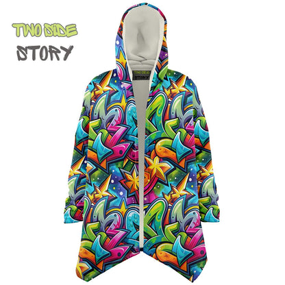 Unique Micro-fleece Graffiti Print Hooded Cloak,Festival Rave Party Wear,Soft Halloween Cape,Vivid Colors EDM Festival Cape,Unique Gifts