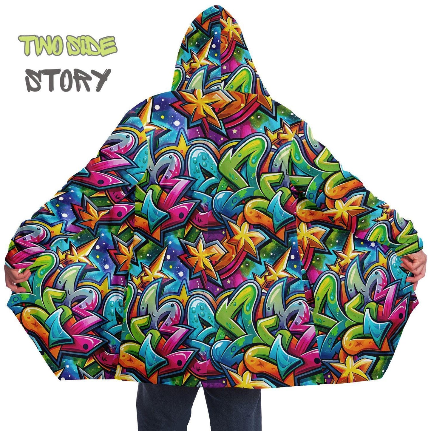 Unique Micro-fleece Graffiti Print Hooded Cloak,Festival Rave Party Wear,Soft Halloween Cape,Vivid Colors EDM Festival Cape,Unique Gifts