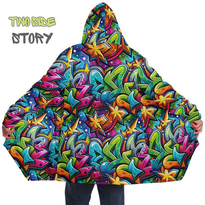 Unique Micro-fleece Graffiti Print Hooded Cloak,Festival Rave Party Wear,Soft Halloween Cape,Vivid Colors EDM Festival Cape,Unique Gifts