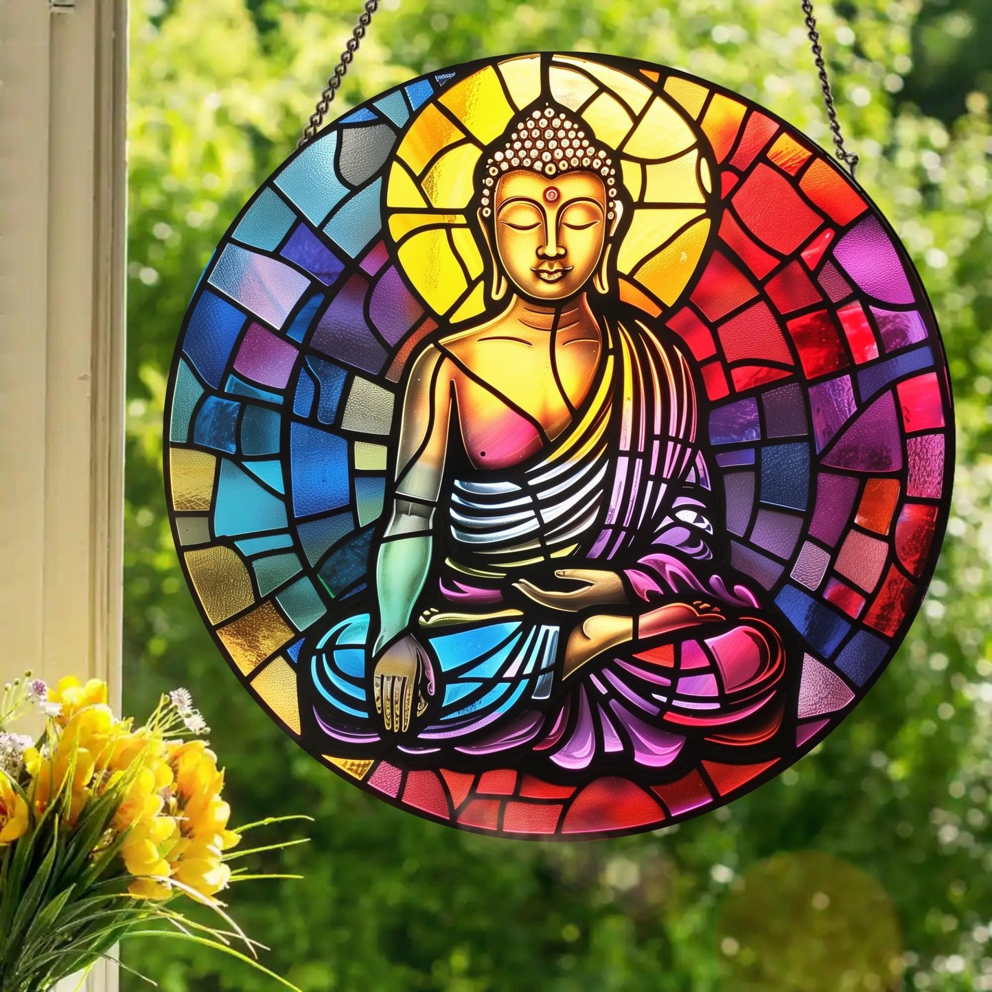 Sitting Buddha: Stained Glass Style Window Hanging