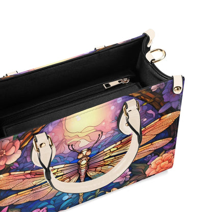 Stained-Glass Dragonfly Tote Handbag. Colorful Handbag, Waterproof PU Leather Tote, Top Handle Vegan Leather, Crossbody, Shoulder bag.