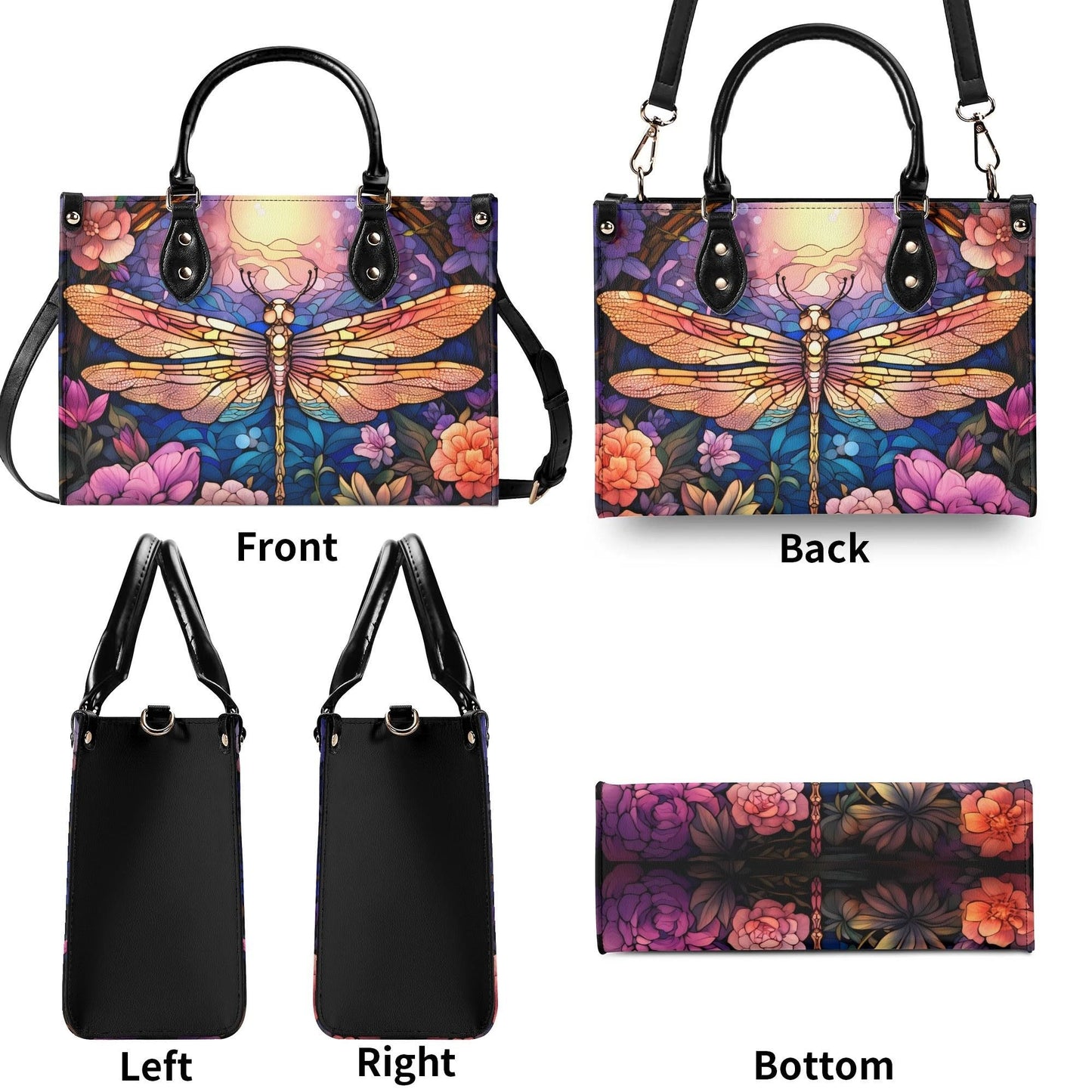 Stained-Glass Dragonfly Tote Handbag. Colorful Handbag, Waterproof PU Leather Tote, Top Handle Vegan Leather, Crossbody, Shoulder bag.
