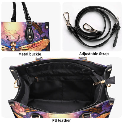 Stained-Glass Dragonfly Tote Handbag. Colorful Handbag, Waterproof PU Leather Tote, Top Handle Vegan Leather, Crossbody, Shoulder bag.
