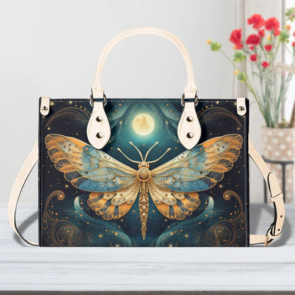 Lunar Moth Chic Tote Handbag. Mystical Handbag, Waterproof PU Leather Tote, Top Handle Vegan Leather, Crossbody, Shoulder bag.