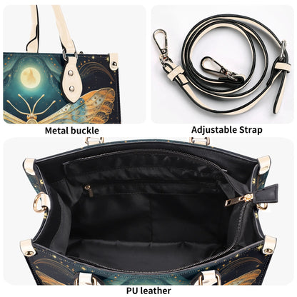 Lunar Moth Chic Tote Handbag. Mystical Handbag, Waterproof PU Leather Tote, Top Handle Vegan Leather, Crossbody, Shoulder bag.