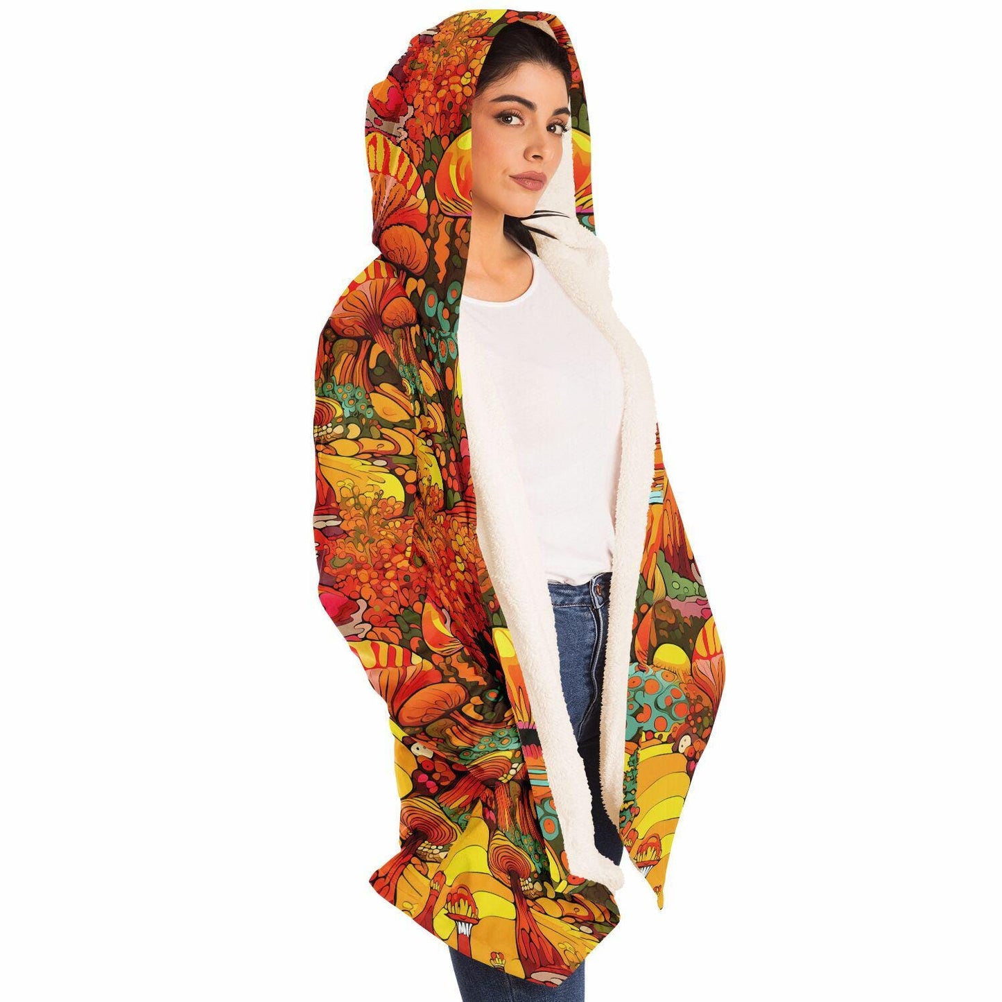 Vivid Colors Micro-fleece Psychedelic Mushrooms Hooded Cloak, Festival Rave Party Wear, EDM Festival Cape, Psychedelic Cape, Men's Rave Cape