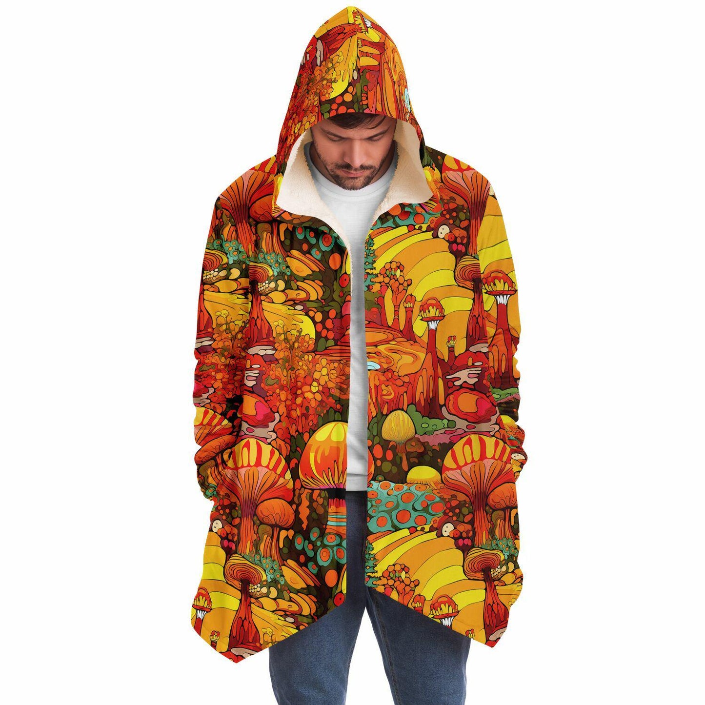 Vivid Colors Micro-fleece Psychedelic Mushrooms Hooded Cloak, Festival Rave Party Wear, EDM Festival Cape, Psychedelic Cape, Men's Rave Cape