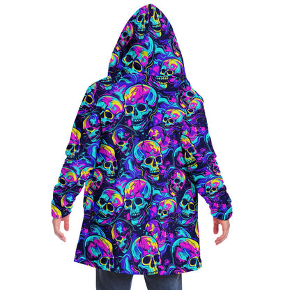 Micro-fleece Neon Skulls Hooded Cloak, Festival Rave Party Wear,Halloween Cape, Vivid Colors EDM Festival Cape, Unique Gifts,Men's Rave Cape