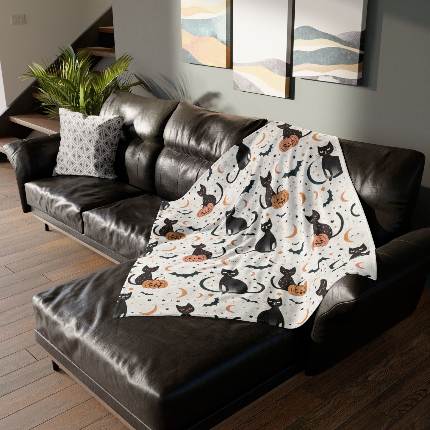 Retro Halloween Blanket Halloween Home Decor Spooky Fleece Throw Black Cat Bats Pumpkin Minky Bedding Moon and Stars Bed Spread Celestial