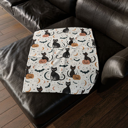 Retro Halloween Blanket Halloween Home Decor Spooky Fleece Throw Black Cat Bats Pumpkin Minky Bedding Moon and Stars Bed Spread Celestial