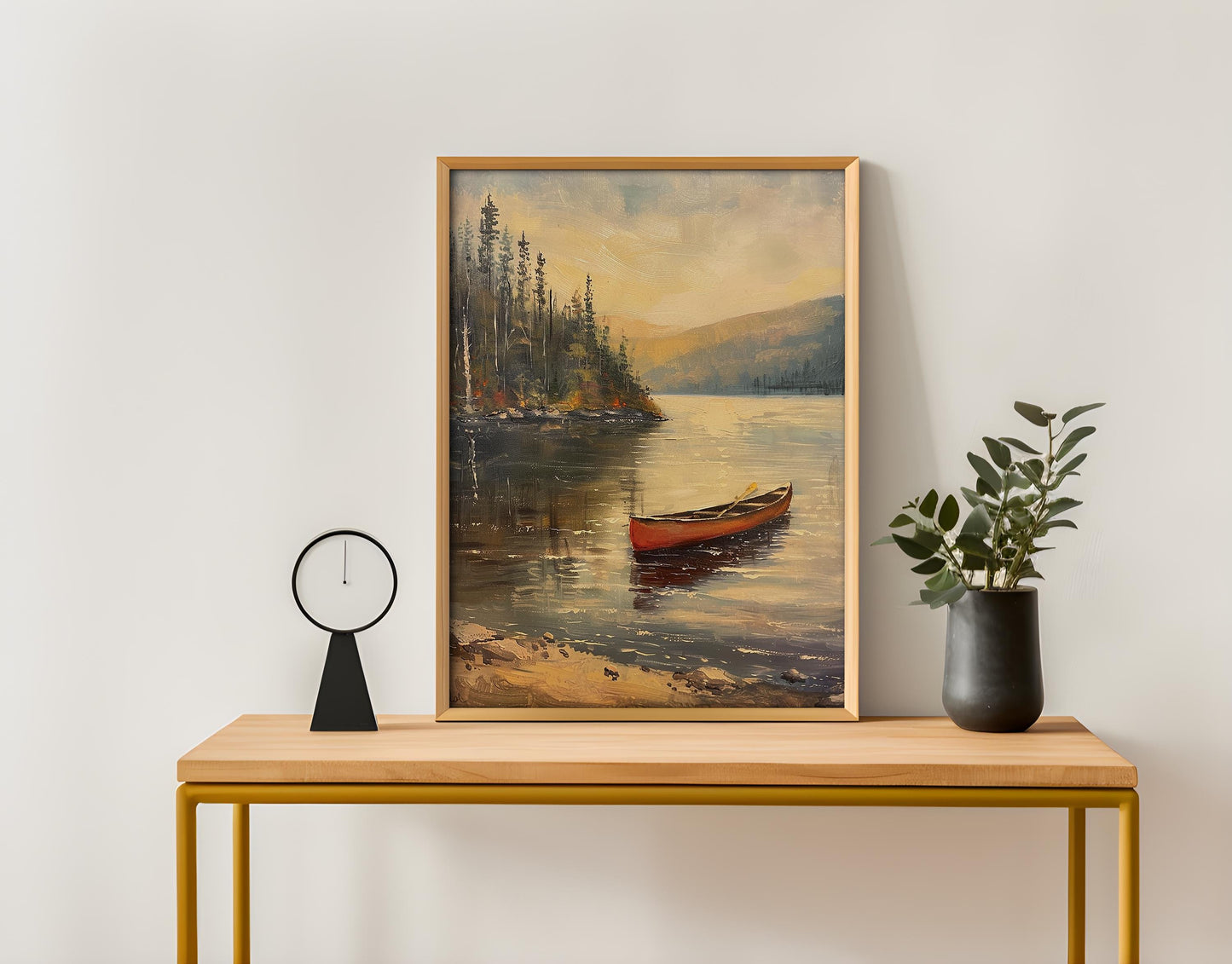 Vintage Canoe in the Lake Oil Painting Print Rustic Antique Retro Outdoor Sports Poster Canadian Travel Cabin Cottage Wall Art Gift