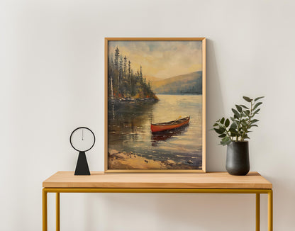 Vintage Canoe in the Lake Oil Painting Print Rustic Antique Retro Outdoor Sports Poster Canadian Travel Cabin Cottage Wall Art Gift
