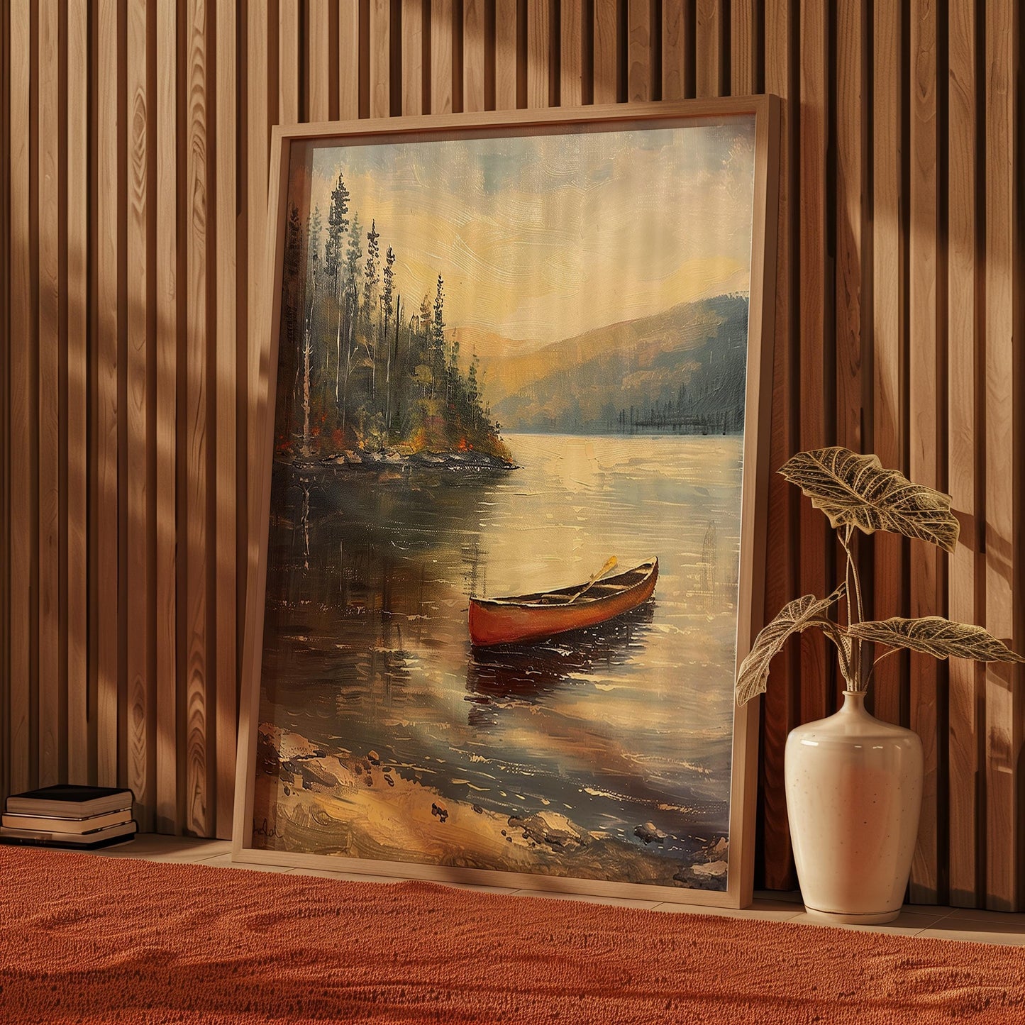 Vintage Canoe in the Lake Oil Painting Print Rustic Antique Retro Outdoor Sports Poster Canadian Travel Cabin Cottage Wall Art Gift