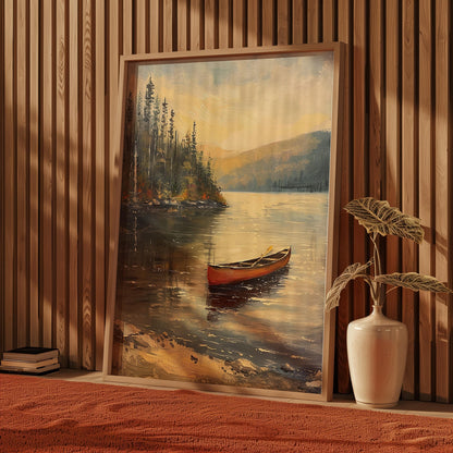 Vintage Canoe in the Lake Oil Painting Print Rustic Antique Retro Outdoor Sports Poster Canadian Travel Cabin Cottage Wall Art Gift