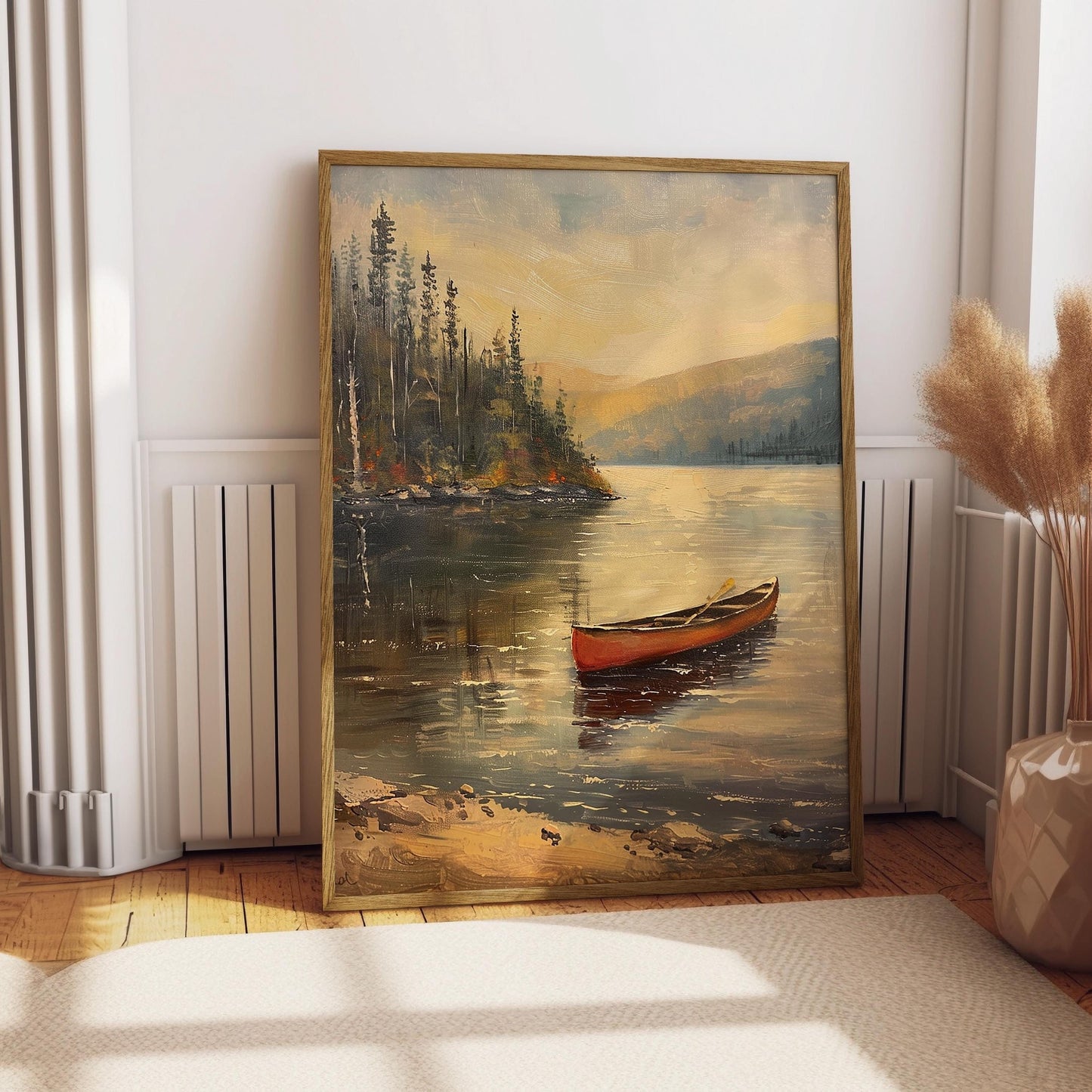 Vintage Canoe in the Lake Oil Painting Print Rustic Antique Retro Outdoor Sports Poster Canadian Travel Cabin Cottage Wall Art Gift