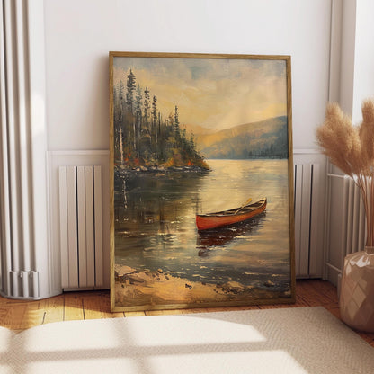 Vintage Canoe in the Lake Oil Painting Print Rustic Antique Retro Outdoor Sports Poster Canadian Travel Cabin Cottage Wall Art Gift