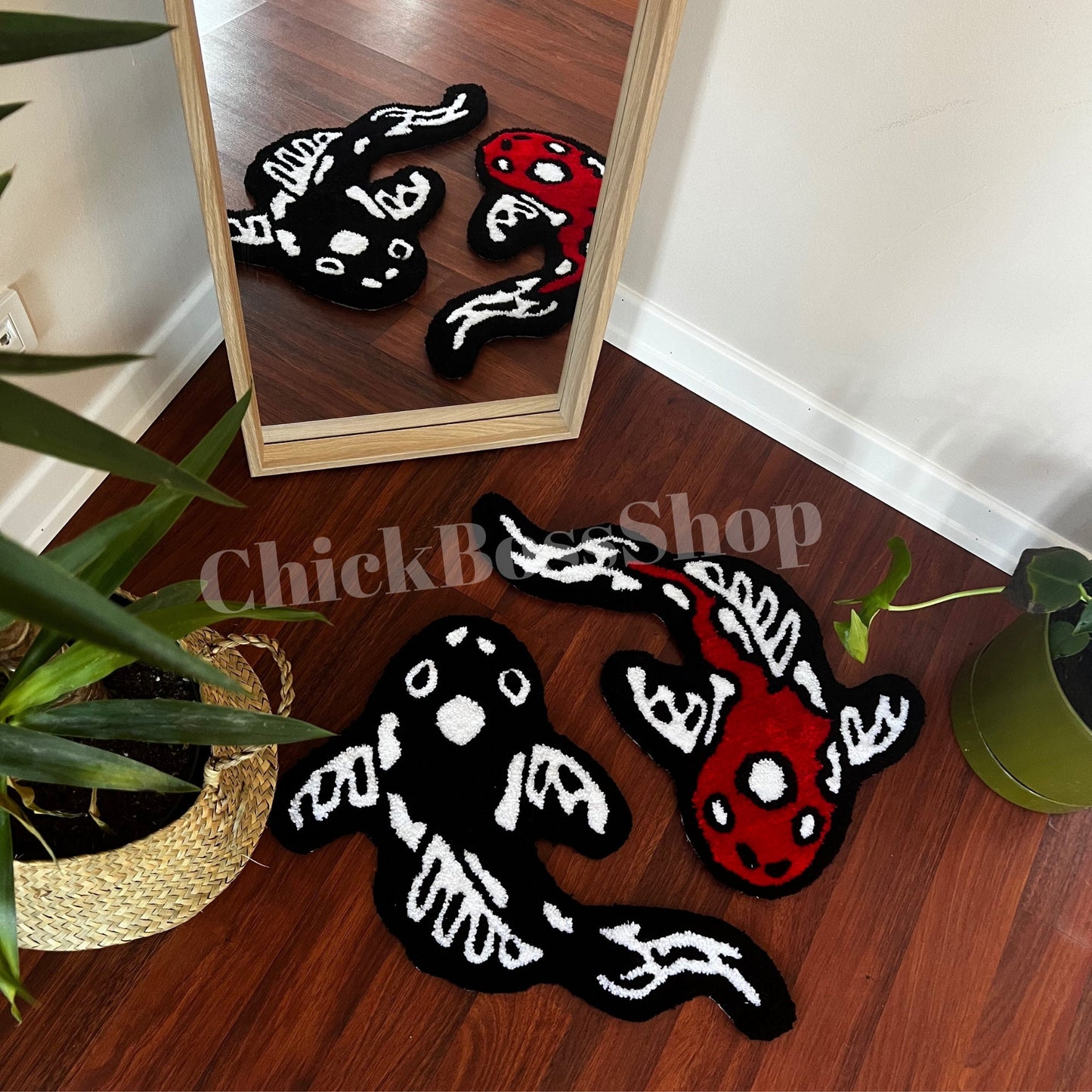 Koi Fish Yin Yang Rug: Asian Tufted Accent Rug, Red & Black