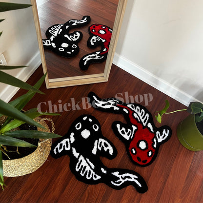 Koi Fish Yin Yang Rug: Asian Tufted Accent Rug, Red & Black