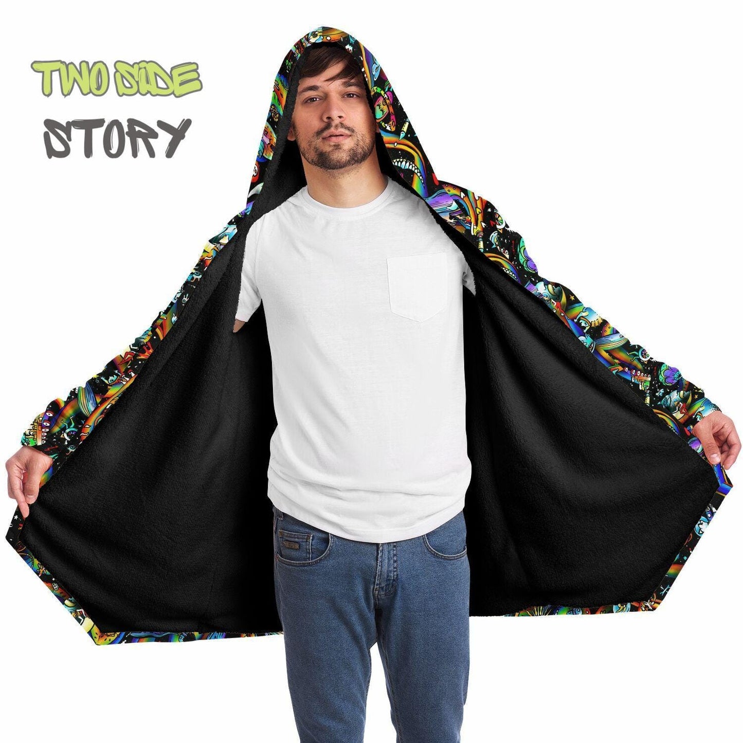 Hooded Cloak Psychedelic Micro-fleece Cloak Festival Rave Party Wear EDM Festival Cape Rave Trippy Jacket Party Lover Gift for Raver