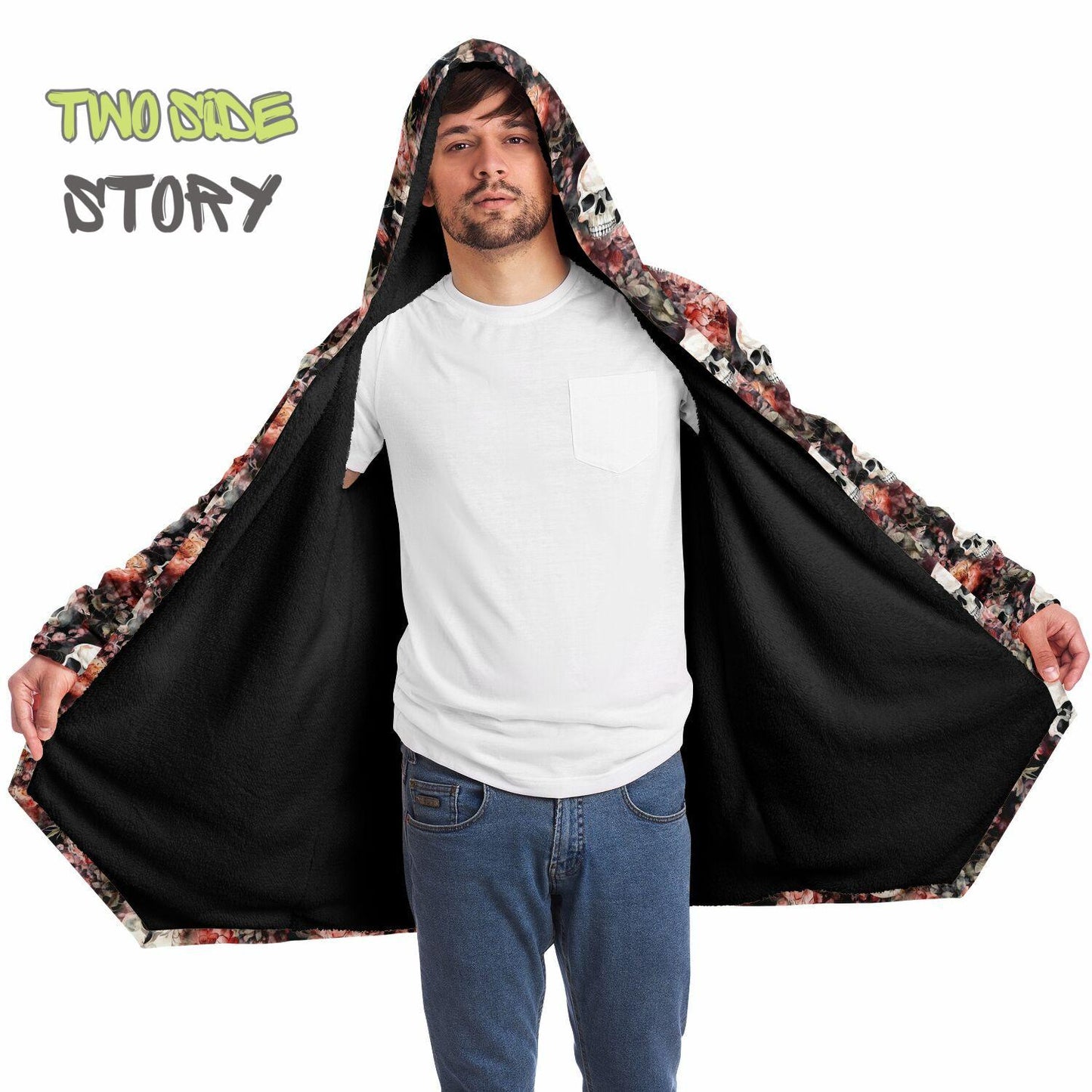 Micro-fleece Halloween Skulls Roses Hooded Cloak, Festival Party Wear,Halloween Cape,EDM Festival Cape, Unique Gifts,Men's Rave Cape