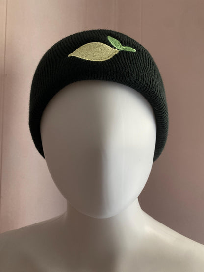 Embroidered Cute LEMON Beanie, Yellow Lemon Green Leaf Winter Hat, Cute Garden Beanie, Nature Plant Lime Winter Hat, Pastel Fruit Cute Gift