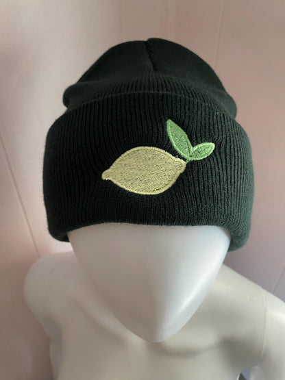 Embroidered Cute LIME Beanie, Green Lime w Stem & Leaf Winter Hat, Cute Garden Beanie, Nature Plant Winter Hat, Cute Fruit Gift