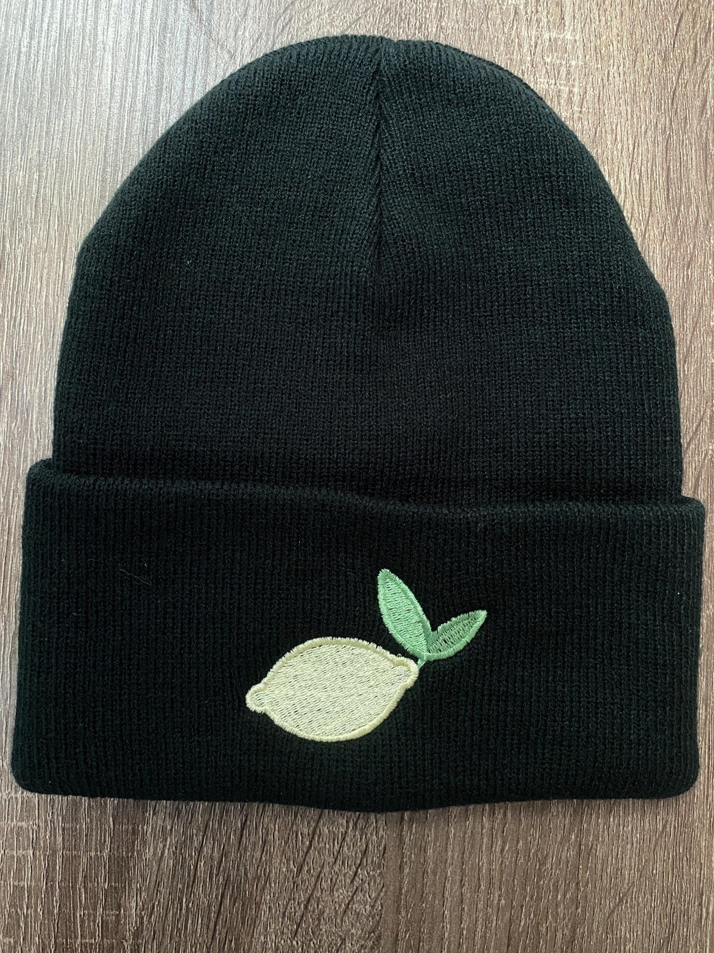 Embroidered Cute LEMON Beanie, Yellow Lemon Green Leaf Winter Hat, Cute Garden Beanie, Nature Plant Lime Winter Hat, Pastel Fruit Cute Gift