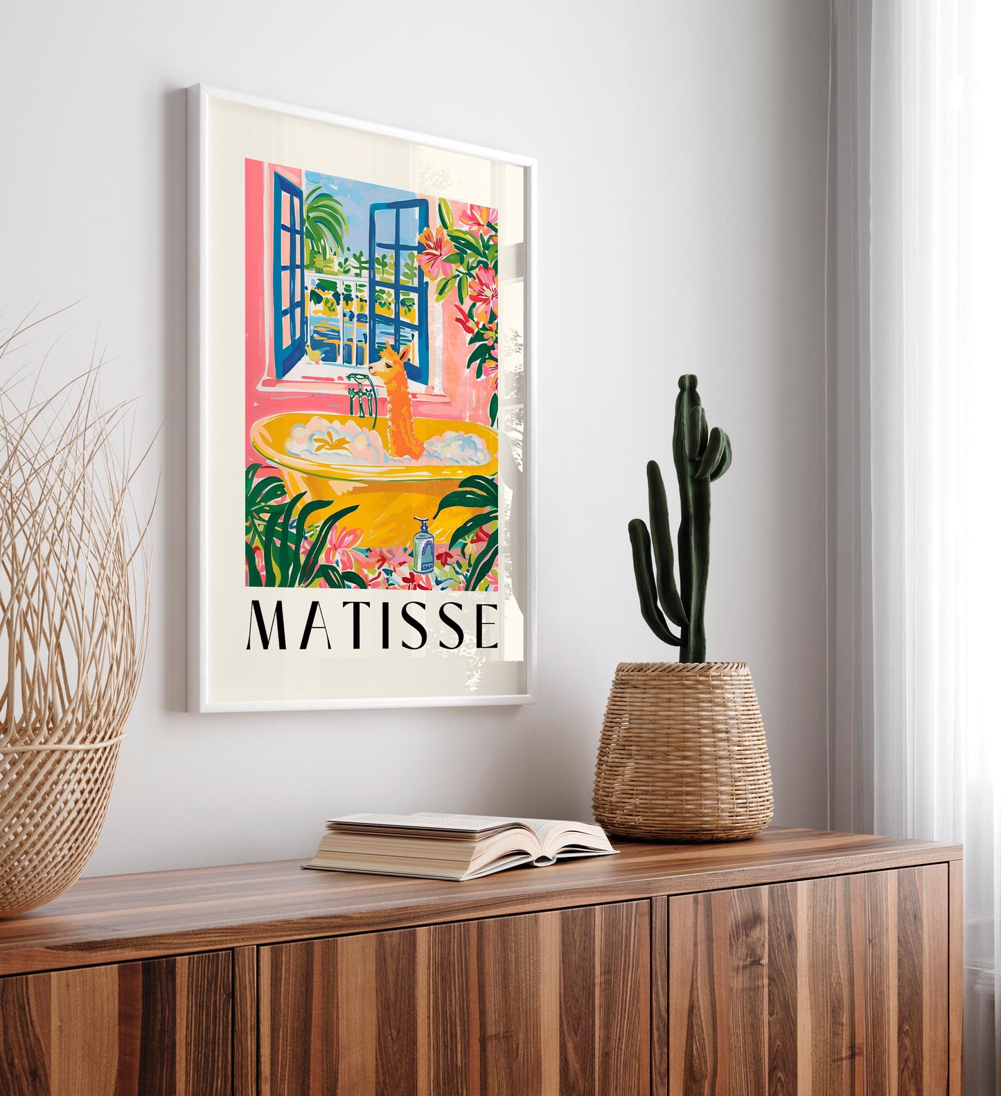 Matisse art print, Alpaca in bathtub, Bathroom decor, Animal wall art, Pink midcentury print, Tropical poster