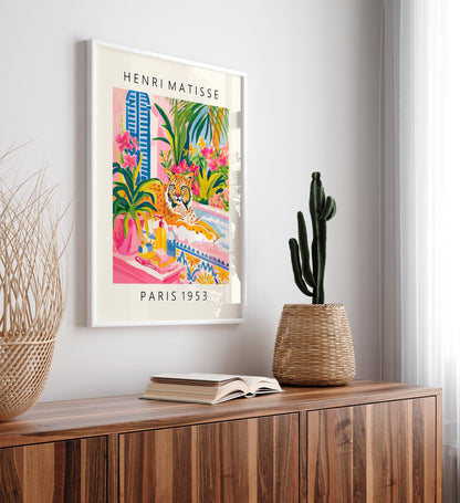 Lynx in bathtub funny poster, Matisse art print, Bathroom decor, Pink tropical wall art, Animal print