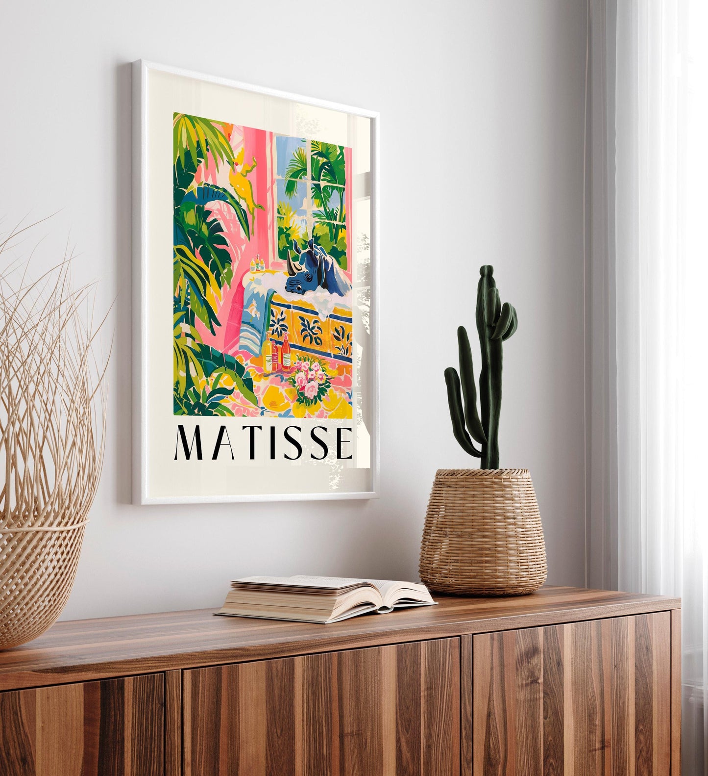 Rhino print, Pink tropical decor, Matisse poster, Bathroom wall art, Safari animal print