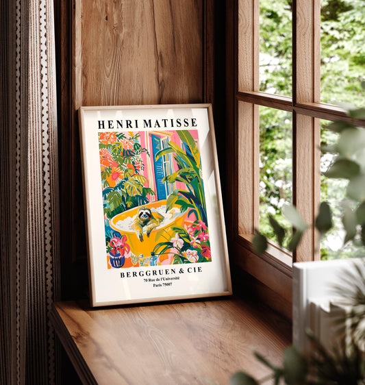 Sloth in bathtub art print, Matisse print, Bathroom poster, Pink tropical wall art, Animal print