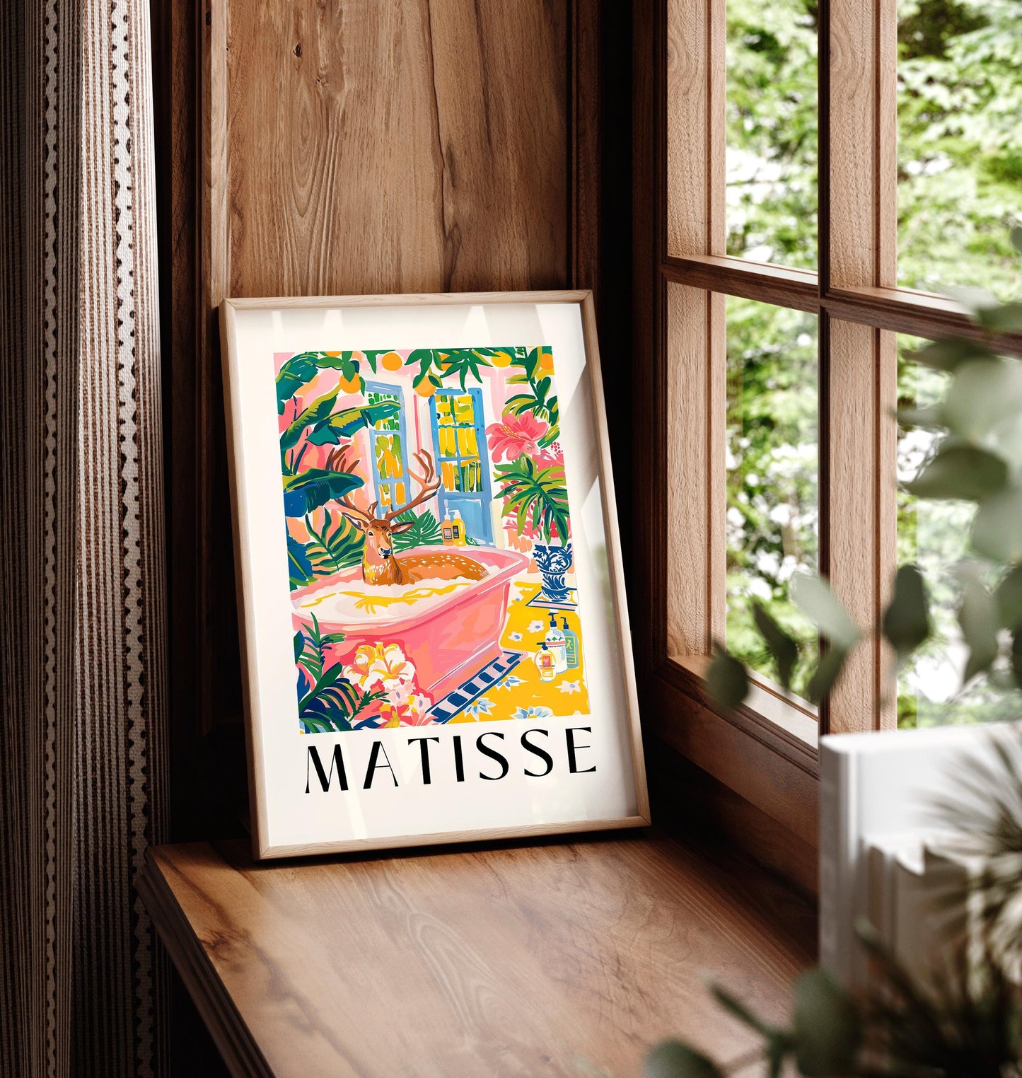 Deer in bathtub art print, Mid century art, Bathroom decor, Pink tropical flowers wall art, Matisse poster