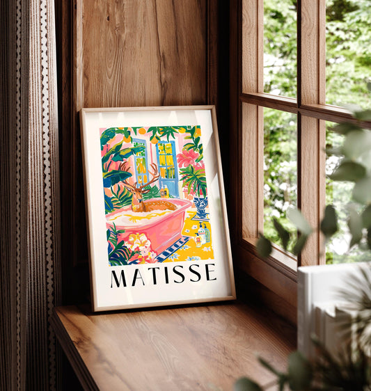 Deer in bathtub art print, Mid century art, Bathroom decor, Pink tropical flowers wall art, Matisse poster
